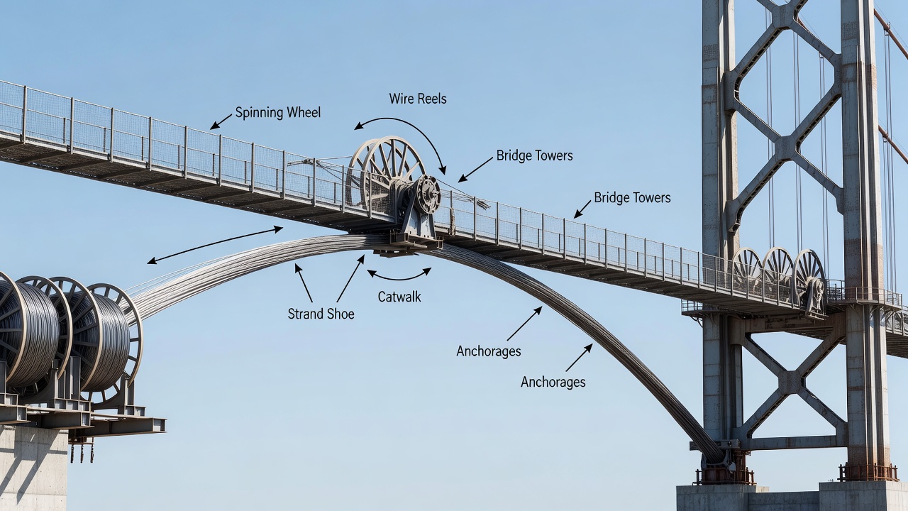 Passerelle de pont suspendu et opération de filage aérien montrant la roue de filage et les tirages de fils entre les tours