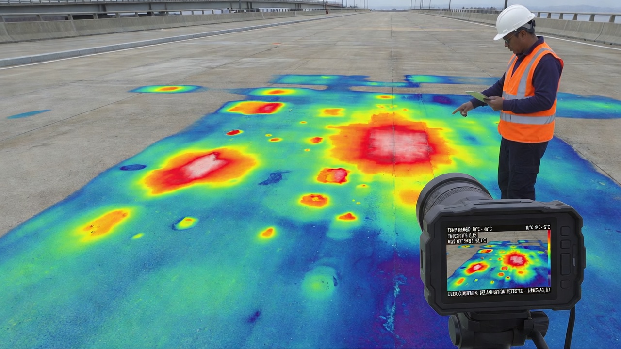 Scan thermographique infrarouge d'un tablier de pont en béton révélant le délaminage sous forme d'anomalies thermiques en motifs rouges et jaunes