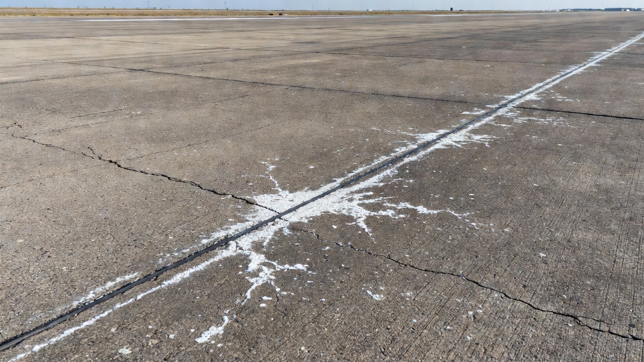 Pavimento de pista de concreto de aeropuerto mostrando depósitos blancos de eflorescencia cerca de juntas de expansión en la superficie de la pista