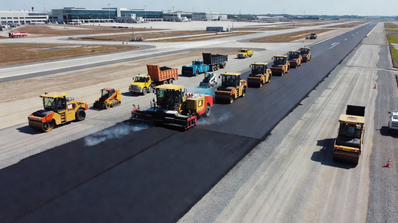Construction de piste d'aéroport avec des équipements de pavage d'enrobé bitumineux à chaud mettant en place et compactant l'EBC sur une aire de trafic