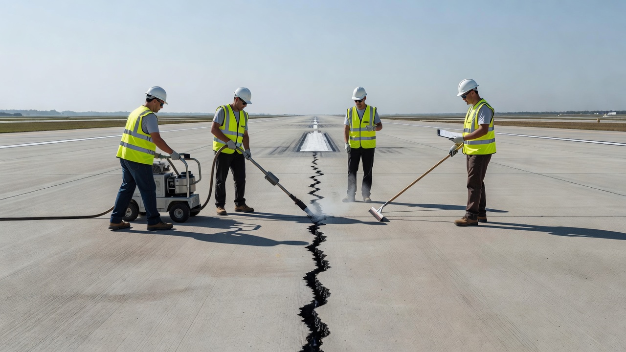 Équipe de maintenance de piste aéroportuaire appliquant un mastic asphaltique caoutchouté à chaud sur une fissure transversale à l'aide d'un équipement spécialisé