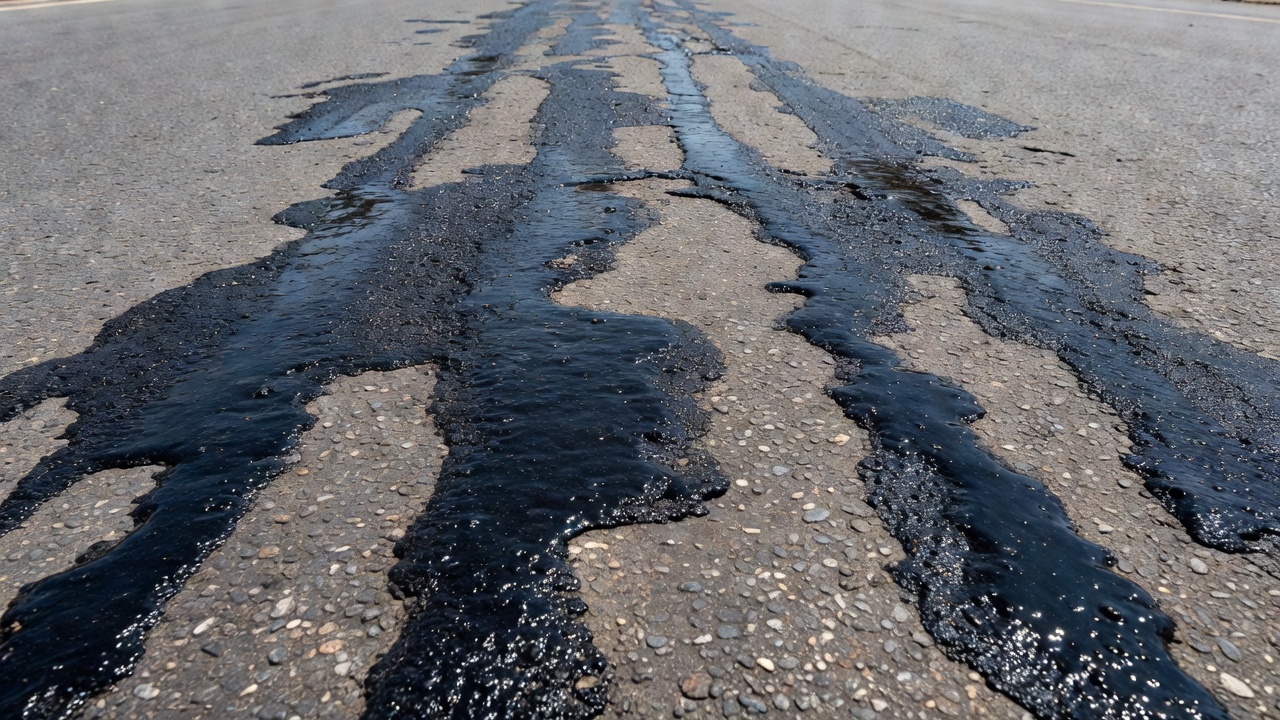 Surface d'enduit montrant un ressuage dans les bandes de roulement