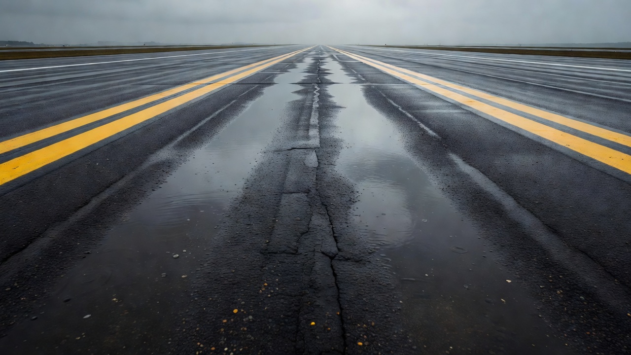 Surface de piste d'aéroport avec accumulation d'eau dans des dépressions d'orniérage après la pluie, chaussée humide avec marquages de ligne centrale jaunes