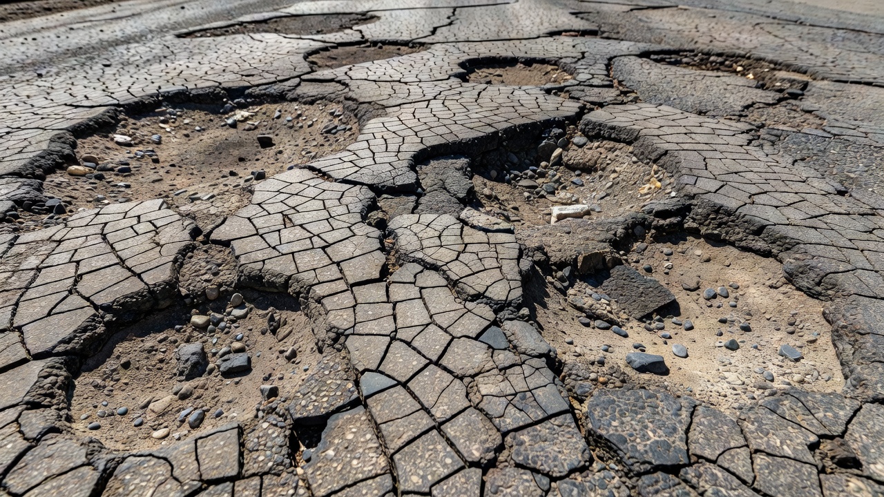 Surface de route asphaltée en mauvais état avec fissuration sévère en peau de crocodile, nids-de-poule et désenrobage — note de qualité 4-5 sur l'échelle d'état des chaussées