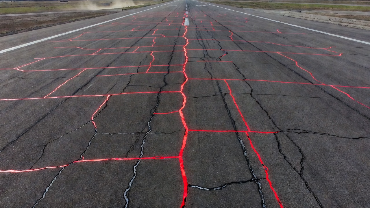 Vue aérienne par drone de la surface d'une piste aéroportuaire avec fissures visibles, superposition d'analyse par vision par ordinateur IA mettant en évidence les motifs de fissures détectés
