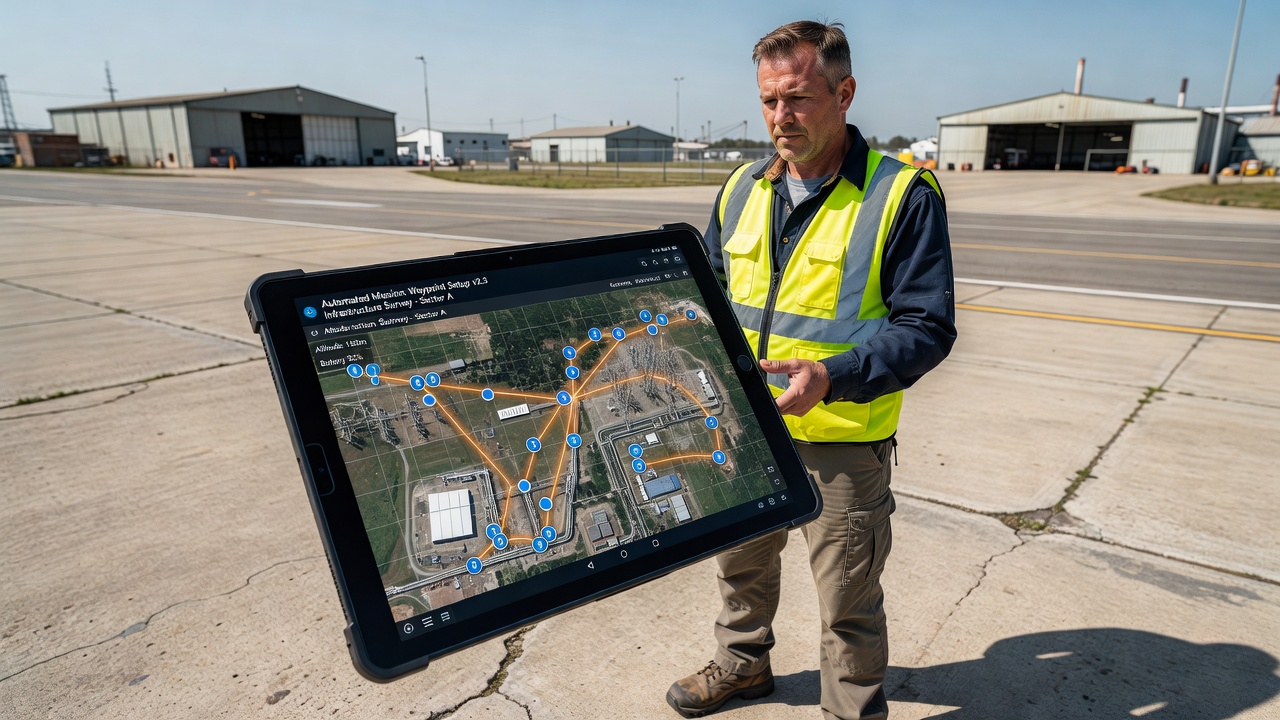 Operador de drone utilizando tableta de estación de control terrestre para planificación automatizada de vuelos y configuración de misión por puntos de referencia en un aeródromo