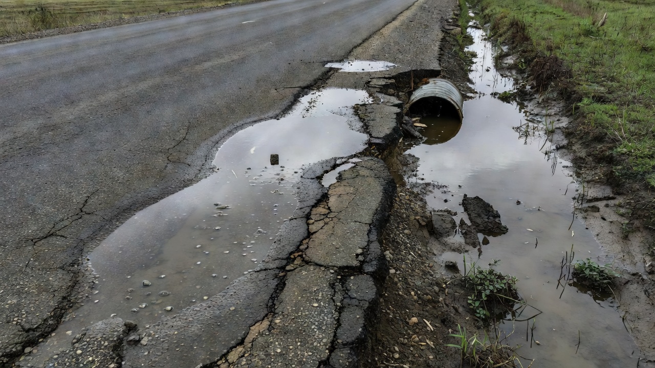 Bord de chaussée en enrobé bitumineux avec un problème de drainage montrant de l'eau stagnante le long du bord de la route, un fossé de drainage et une détérioration précoce de la bordure