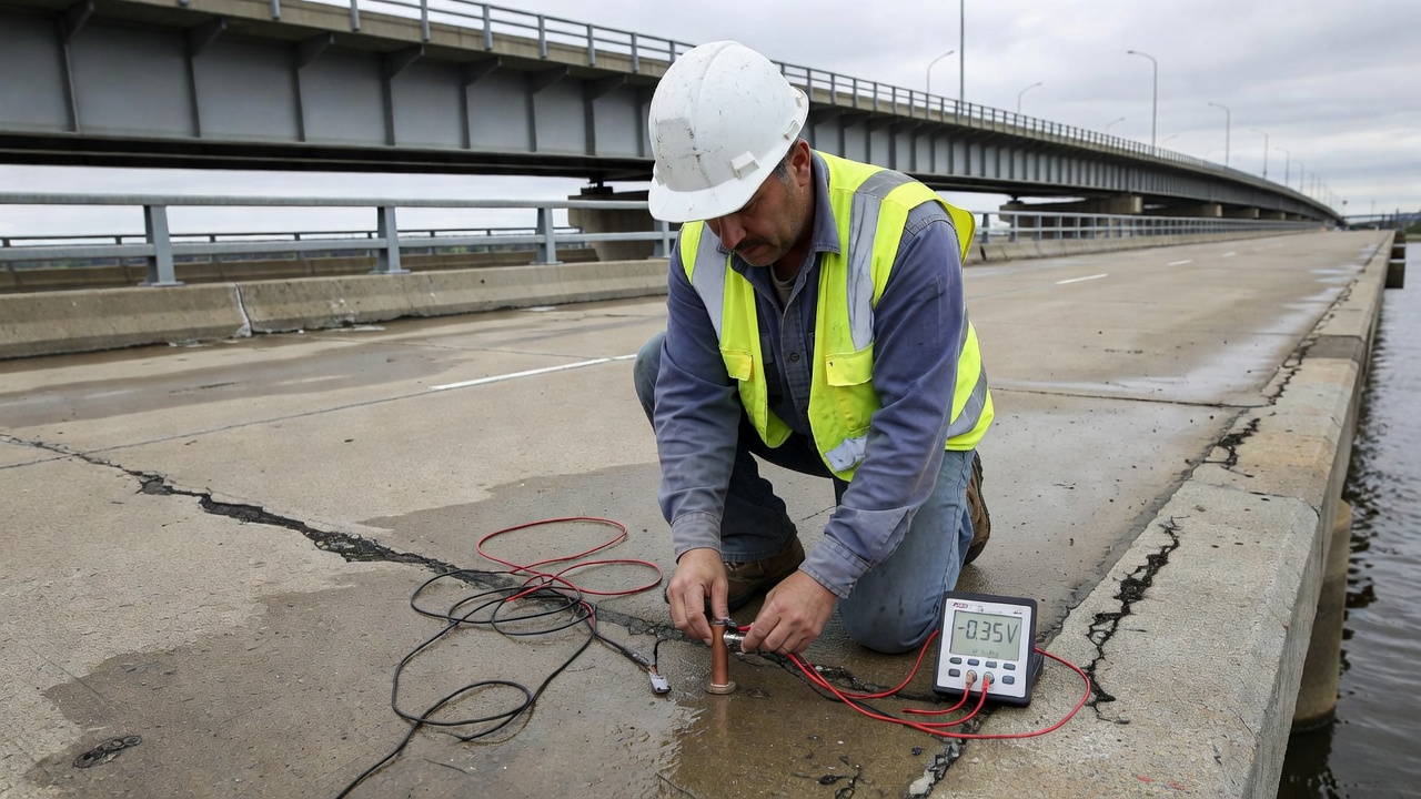 Inspecteur de pont réalisant un essai de potentiel de demi-cellule sur un tablier de pont en béton avec électrode de référence et voltmètre numérique