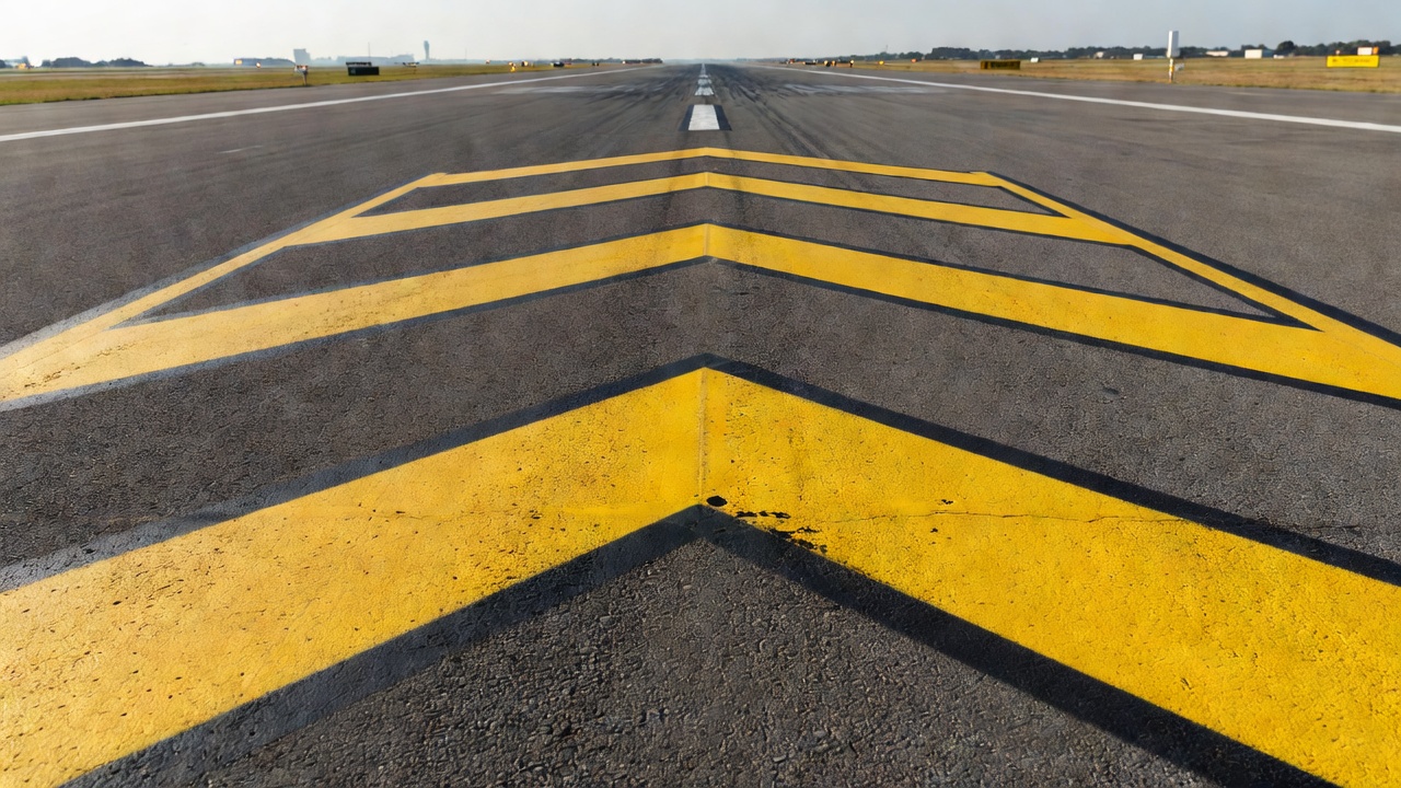 Close-up of yellow chevron markings on airport stopway pavement