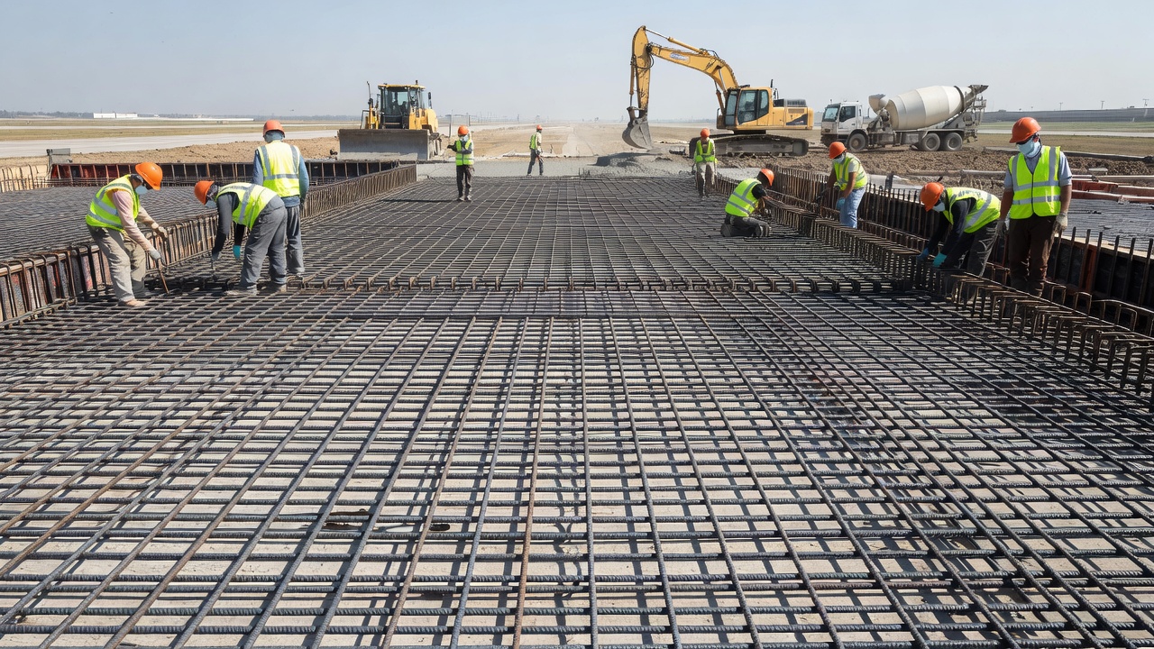 Construction de chaussée rigide aéronautique montrant un treillis d'armature en acier en cours de pose avant le coulage du béton avec des engins de chantier lourds en arrière-plan