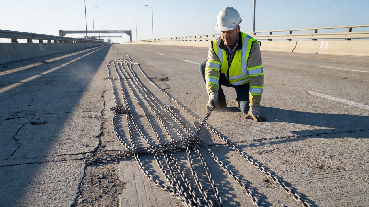 Inspecteur de pont effectuant un essai de traînage de chaîne pour détecter le délaminage souterrain sur un tablier de pont en béton