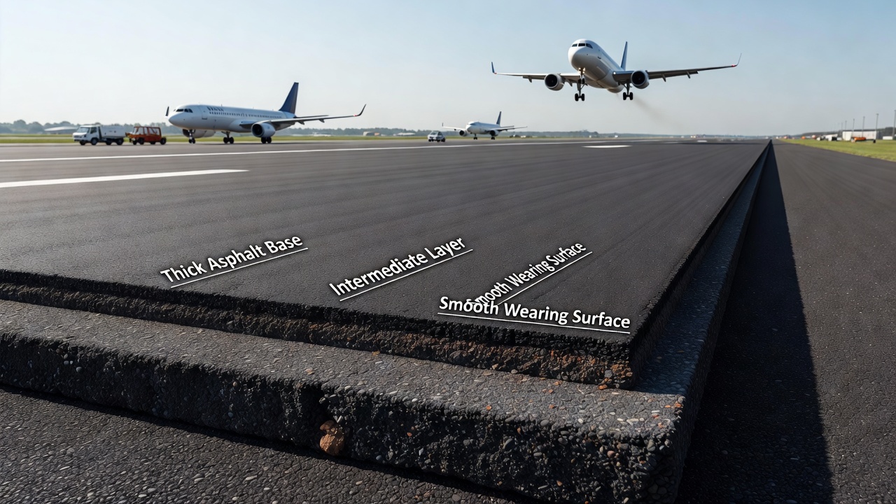 Piste d'aéroport moderne construite avec une chaussée perpétuelle à conception multicouche, opérations aériennes en arrière-plan