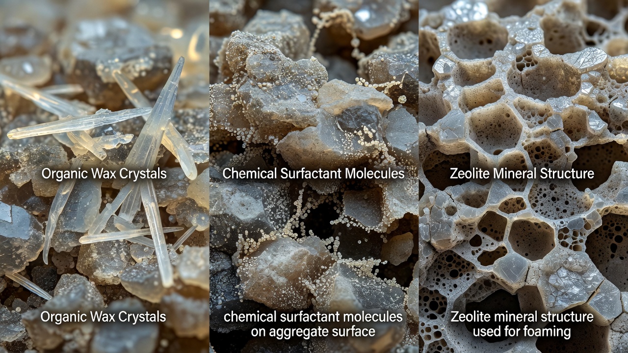 Trois catégories d'additifs WMA illustrées : cristaux de cire organique, tensioactifs chimiques et minéraux zéolithiques
