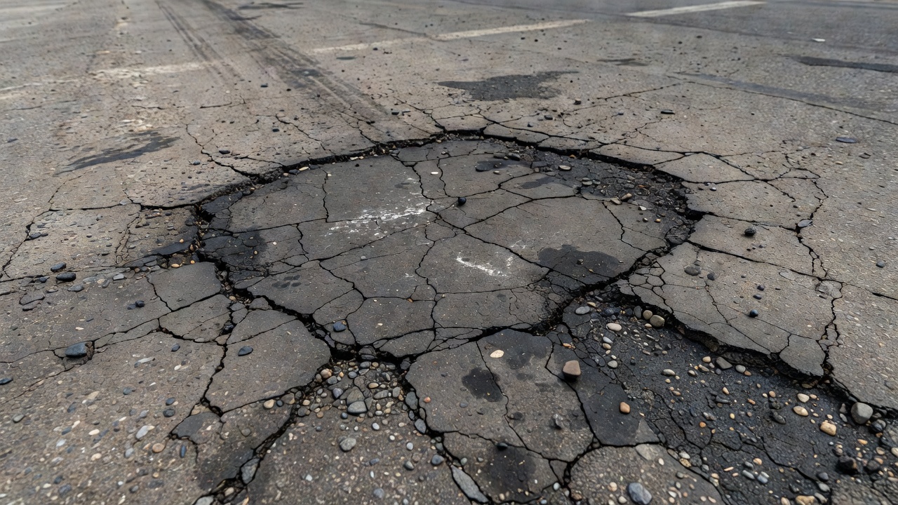 Rapiéçage d'asphalte défaillant montrant une détérioration des bords, un tassement et un arrachement de surface sur une chaussée aéronautique