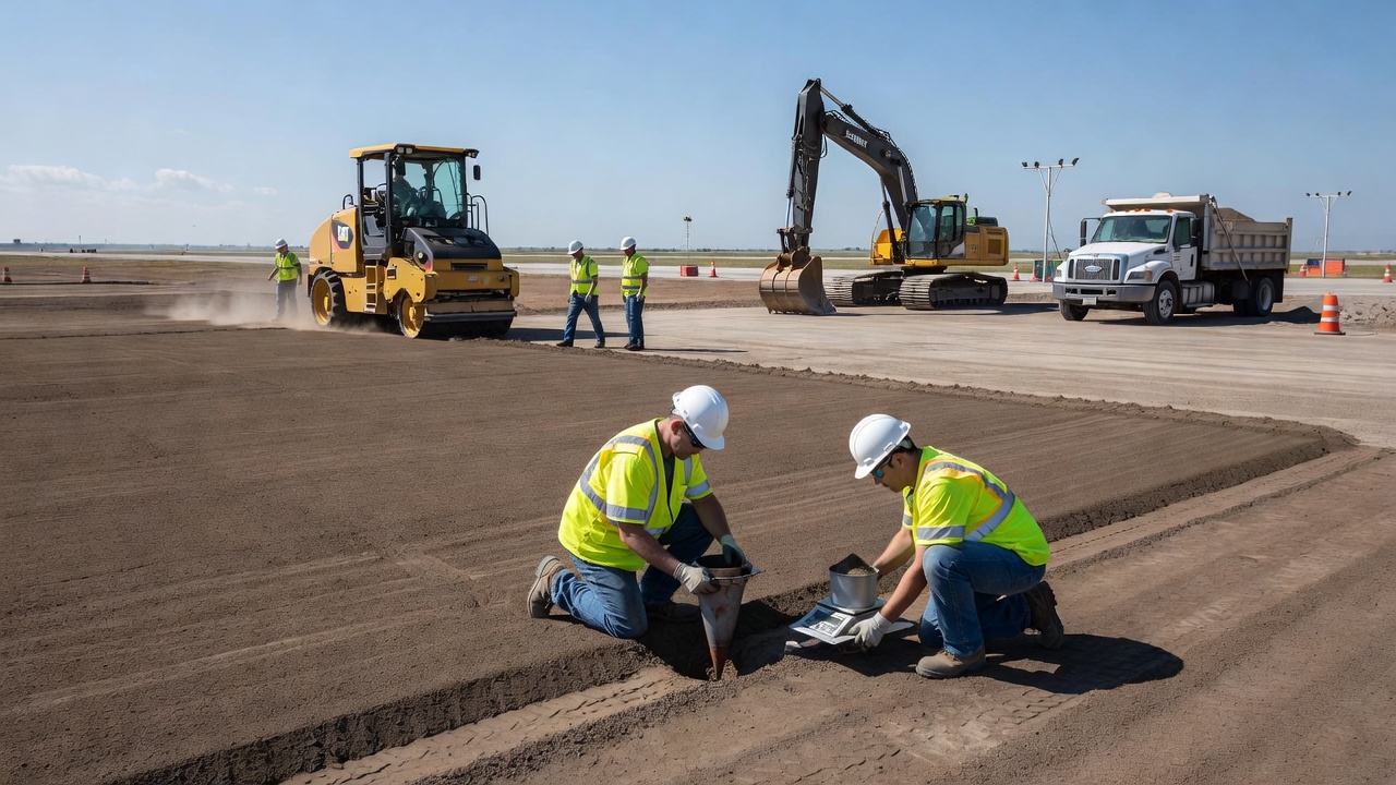 Chantier de construction de piste d'aéroport avec essais de compactage sur la couche de fondation et équipement de construction lourd en arrière-plan