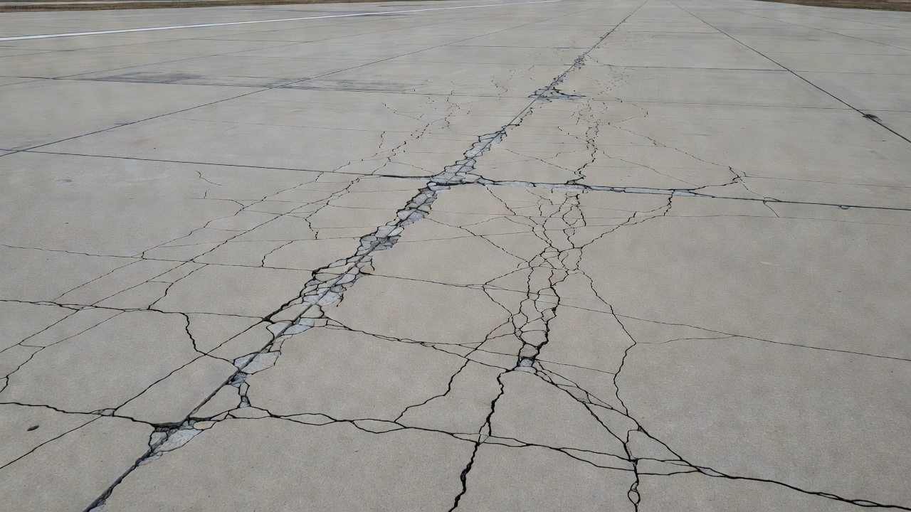 Section de chaussée en béton d'une piste d'aéroport montrant une fissuration en cartes à grande échelle sur plusieurs dalles avec détérioration des joints