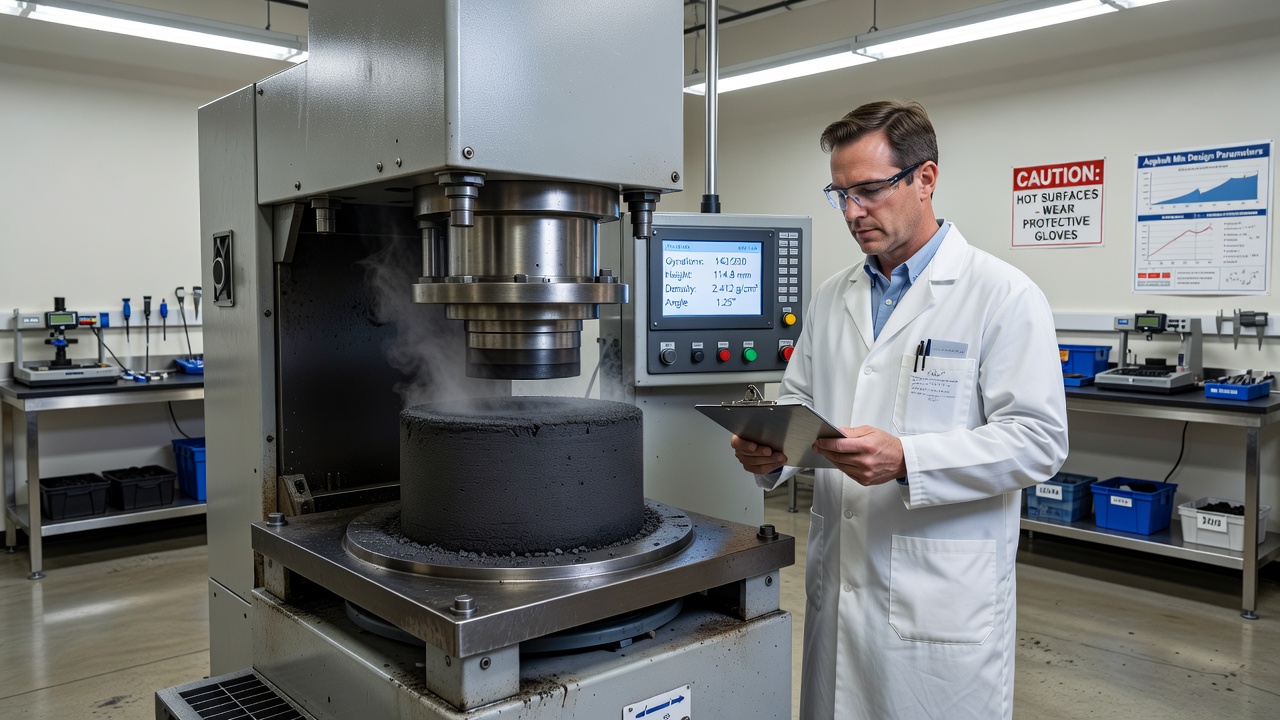 Laboratoire de contrôle qualité avec compacteur giratoire et équipement d'essai d'enrobé pour la vérification de la formulation EBC