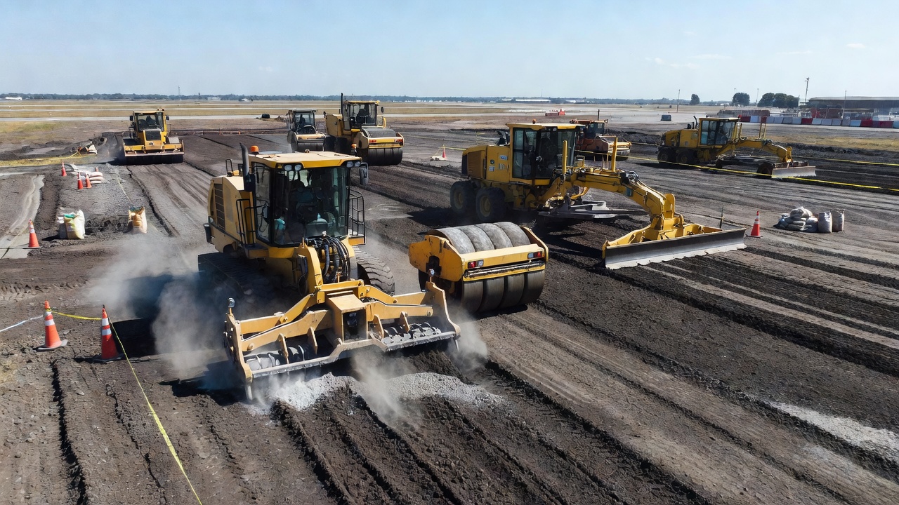 Soil stabilization equipment mixing cement into subgrade during airport pavement reconstruction