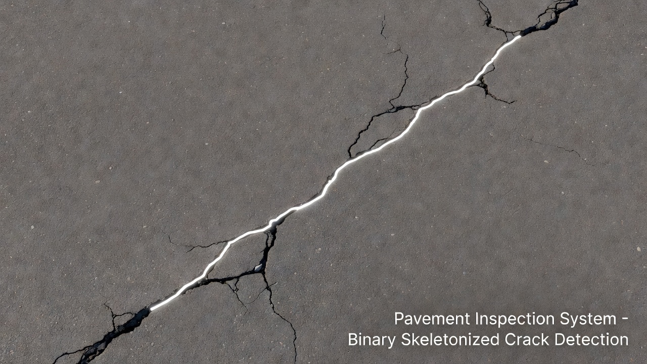 Superposition technique montrant une fine ligne centrale squelettisée blanche extraite d'une fissure sombre sur une surface de chaussée en asphalte grise