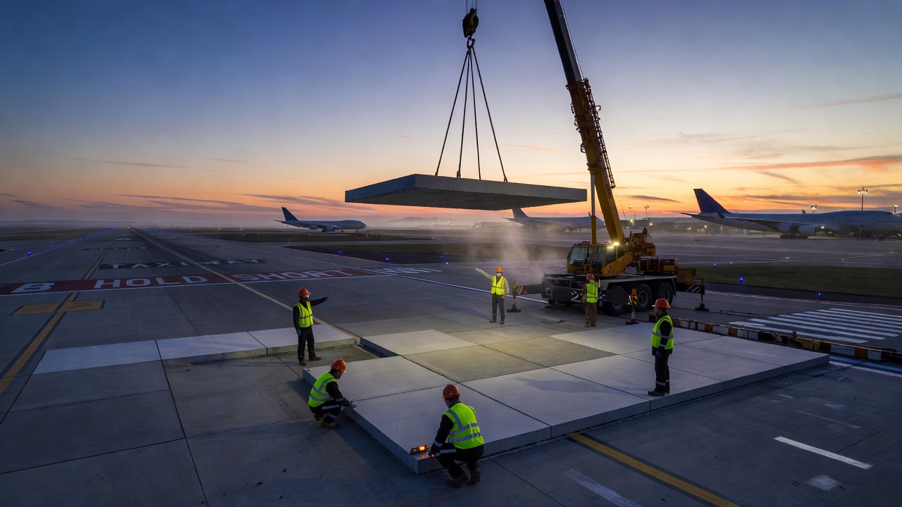 Panneaux de revêtement en béton préfabriqué installés sur une voie de circulation aéroportuaire à l'aube avec un aéronef en arrière-plan