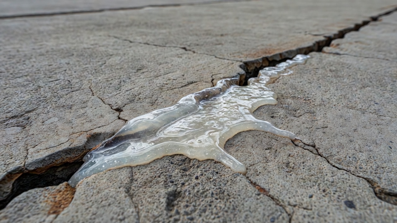 Exsudation de gel RAS sur une surface en béton montrant des dépôts blanchâtres-translucides suintant des fissures