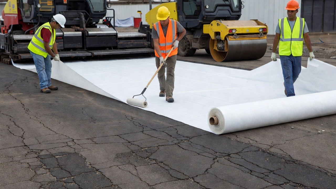 Équipe de construction installant un géotextile d'intercouche sur une chaussée fissurée avant la mise en place du revêtement d'enrobé