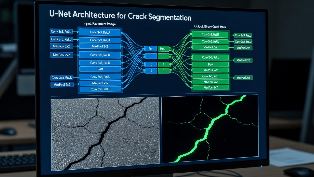 Visualisation technique de l'architecture du réseau de neurones U-Net pour la segmentation de fissures avec connexions de saut encodeur-décodeur