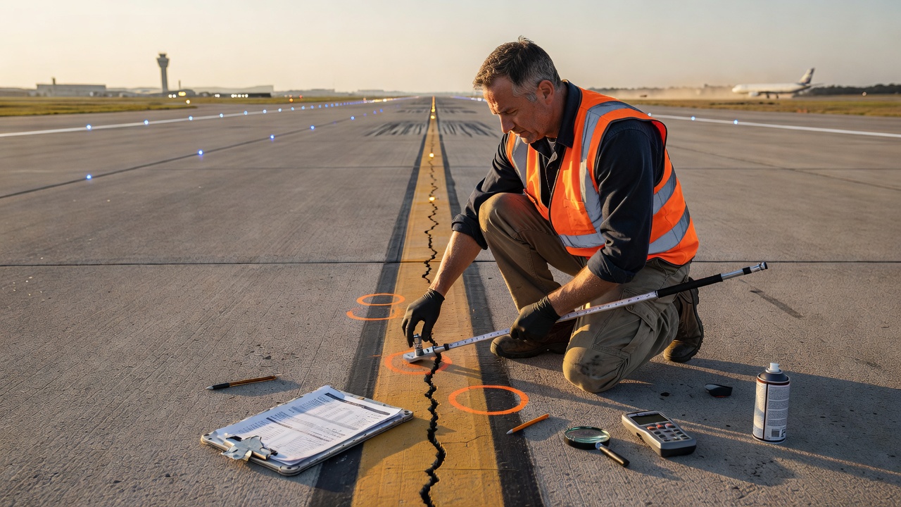 Airport engineer conducting Pavement Condition Index PCI survey on runway measuring cracks and surface distress with clipboard and tools
