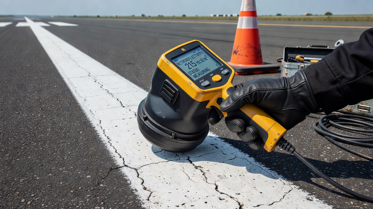 Rétroréflectomètre portatif mesurant la rétroréflectivité d'un marquage de piste aéroportuaire