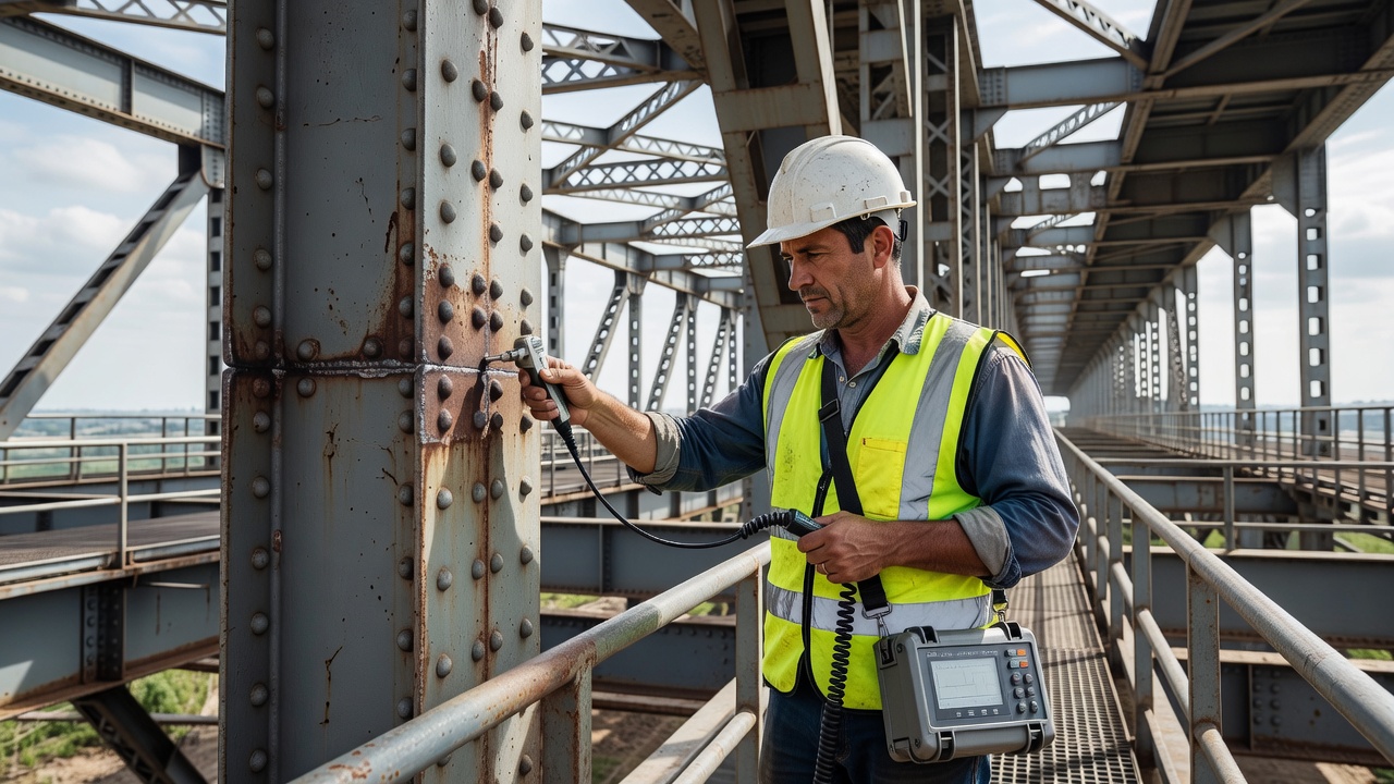 Técnico de END con chaleco de seguridad y casco realizando pruebas por corrientes parásitas en una viga de puente de acero con equipo portátil