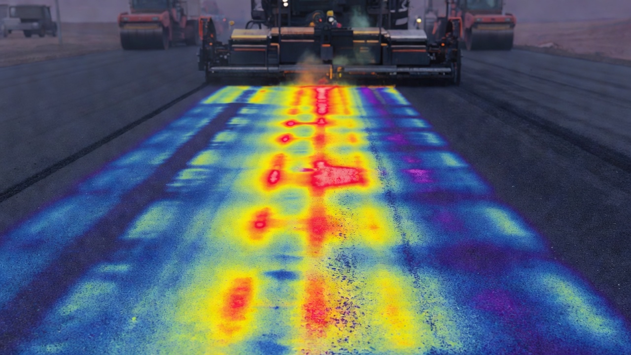 Image thermique infrarouge montrant la ségrégation de température sur un matelas d'enrobé frais derrière la table du finisseur — les points froids apparaissent en zones bleues/violettes tandis que les zones chaudes apparaissent en jaune/rouge