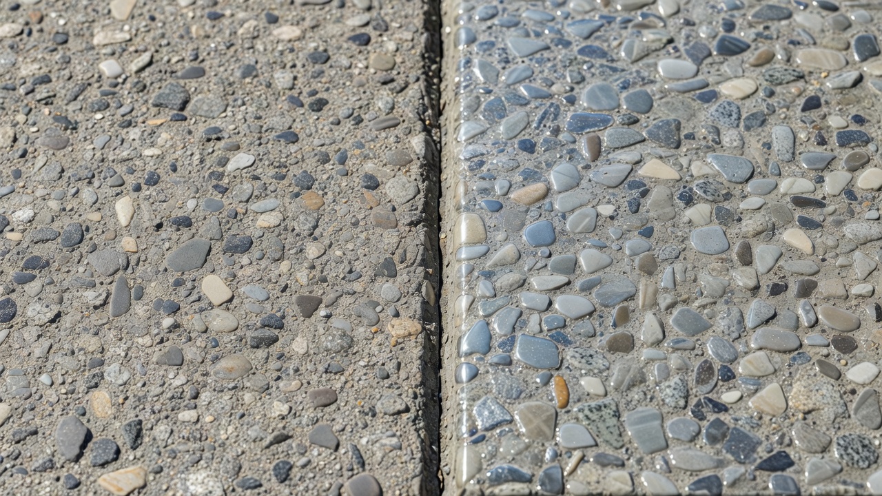 Comparaison côte à côte montrant une surface de granulat non poli avec une microtexture cristalline rugueuse versus une surface de granulat poli avec une texture lisse et brillante et une perte de microtexture visible