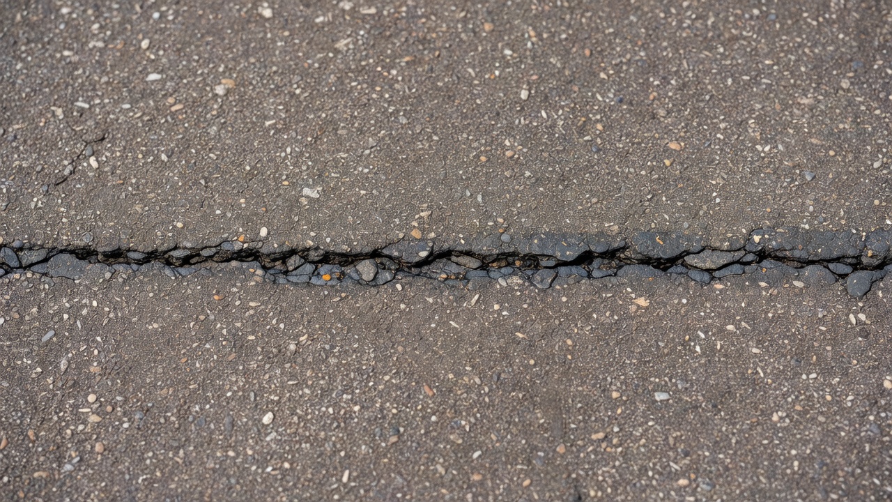 Détail en gros plan d'une fissure transversale dans une chaussée en asphalte montrant la largeur de la fissure, l'écaillage des bords et les bords assombris par l'infiltration d'humidité