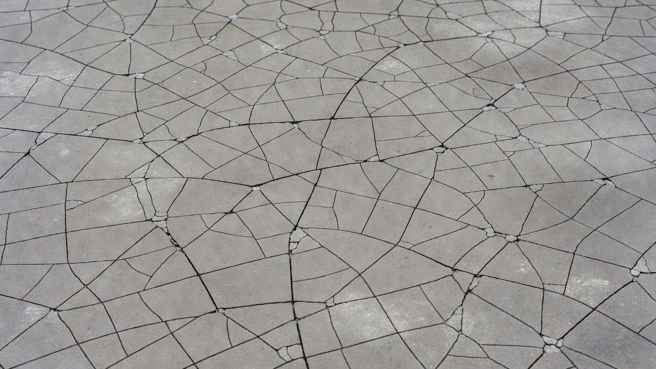 Gros plan du motif de fissuration cartographique sur une surface de chaussée en béton montrant un réseau de fines fissures interconnectées