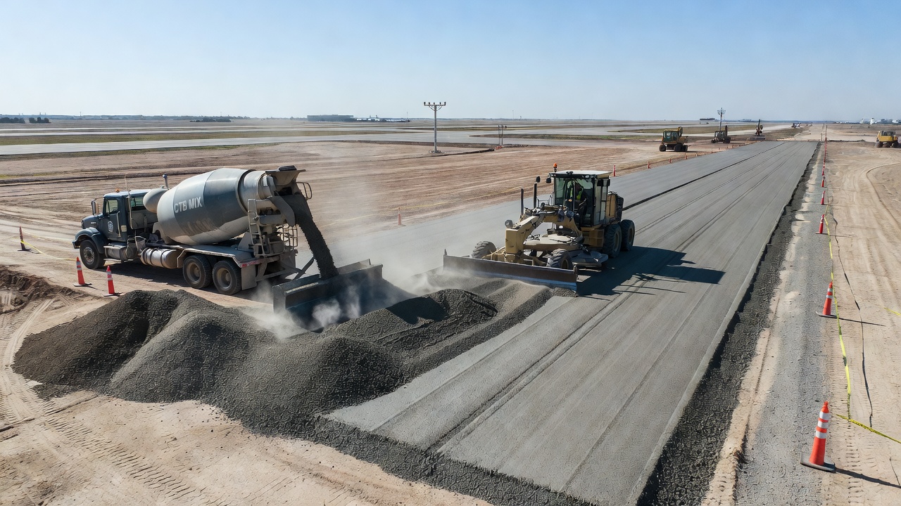 Fondation traitée au ciment (CTB) en cours de placement sur un projet de construction de piste aéroportuaire