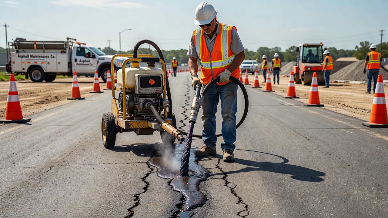 Application professionnelle de mastic à chaud pour scellement de fissures sur chaussée en enrobé avec mastic caoutchouté