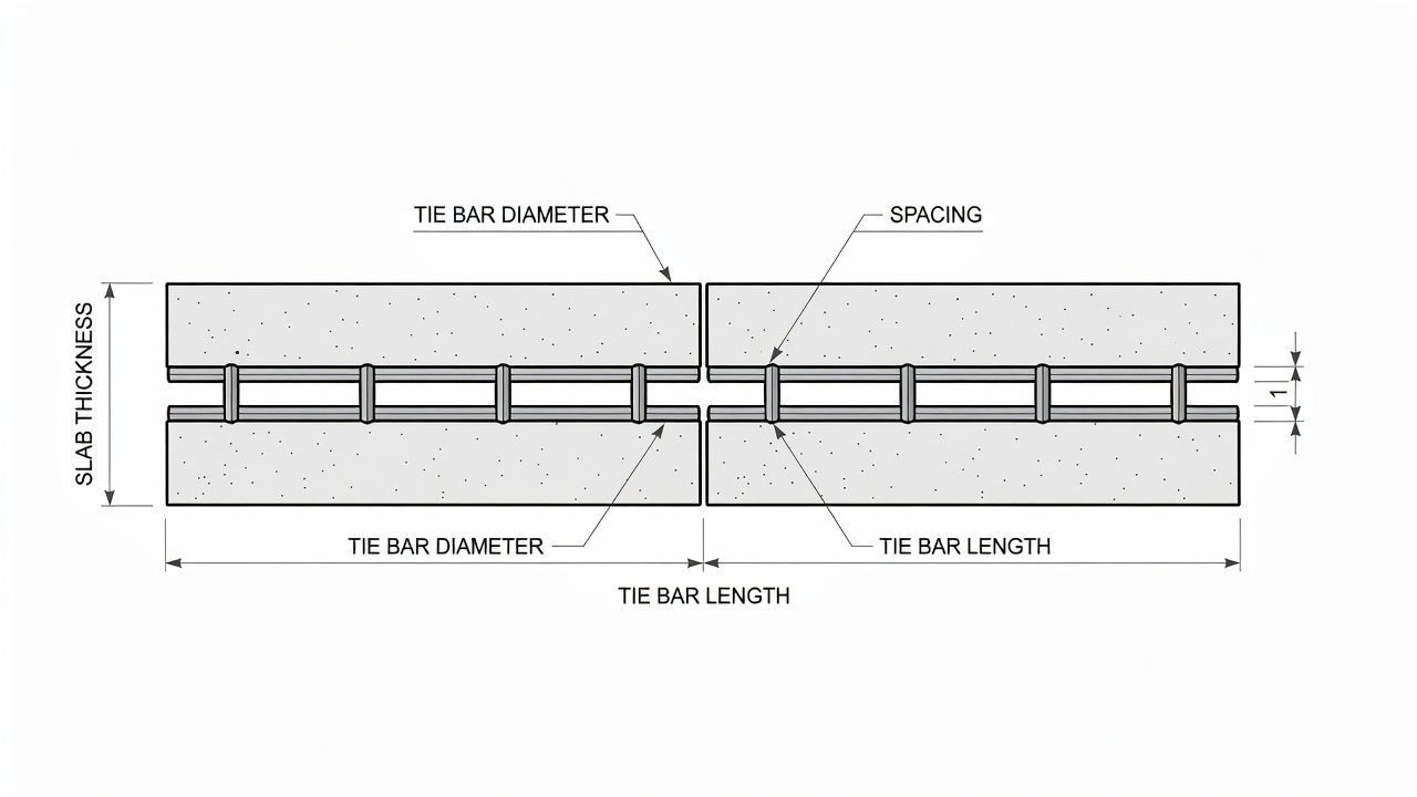 Illustration technique en coupe transversale montrant des barres d'attache placées à mi-épaisseur en travers d'un joint longitudinal entre deux dalles de chaussée en béton, avec la longueur d'ancrage, l'épaisseur de la dalle et la géométrie de la barre clairement indiquées
