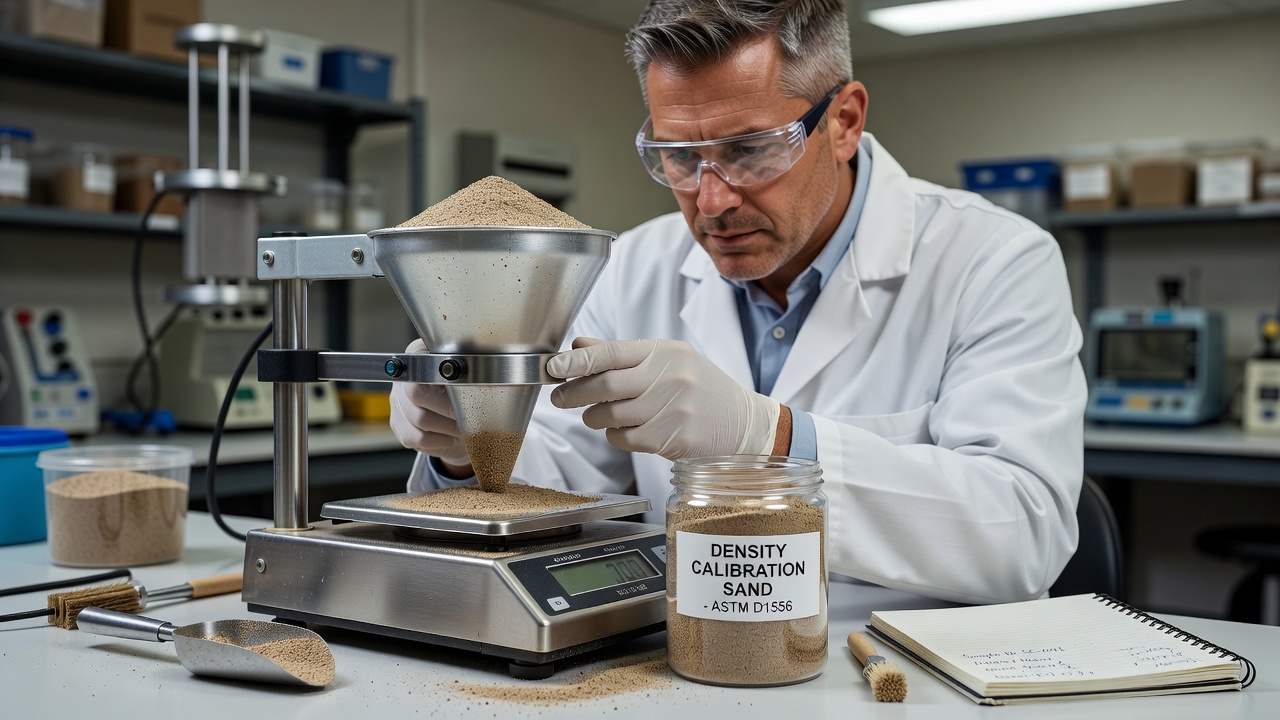 Gros plan du processus d'étalonnage du cône de sable en laboratoire géotechnique avec un technicien pesant l'appareil sur une balance de précision