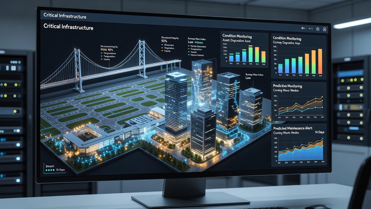 Écran d'ordinateur montrant un tableau de bord de visualisation de jumeau numérique 3D d'actifs d'infrastructure tels que des ponts et des pistes avec des superpositions de données de capteurs en temps réel, des graphiques de surveillance de l'état et des graphiques d'analyse prédictive