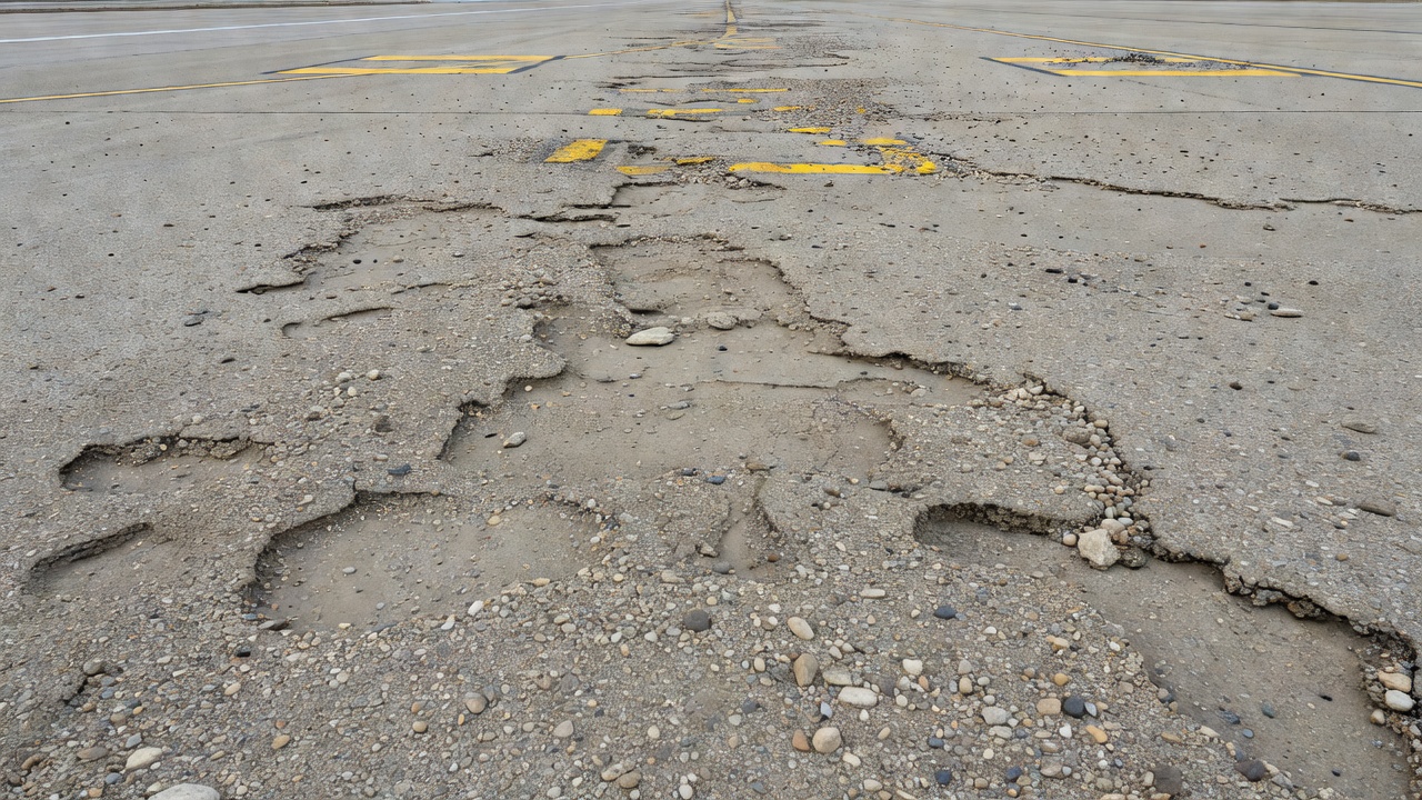 Close-up realistic photograph of concrete pavement surface with scaling deterioration showing flaking and peeling of the top mortar layer exposing coarse aggregate