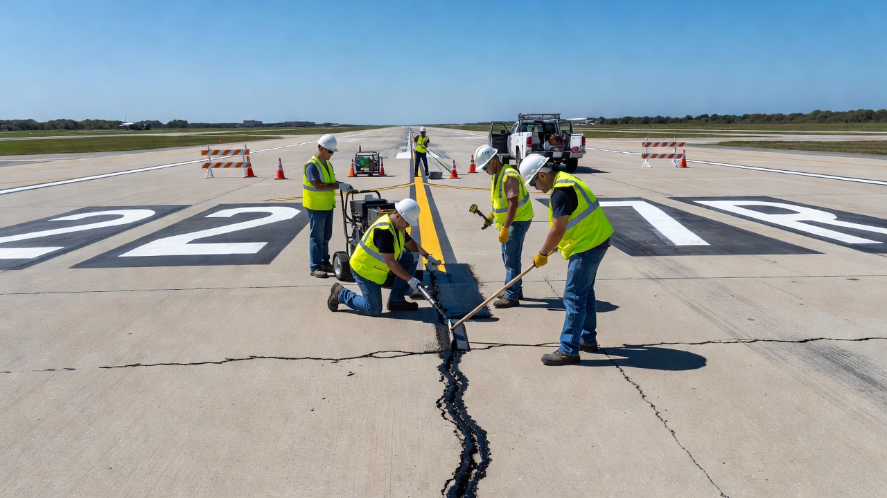 Crack-Sealing-Arbeiten auf einer Flugplatzstart- und -landebahn mit Instandhaltungsteam auf der Flugplatzbefestigung