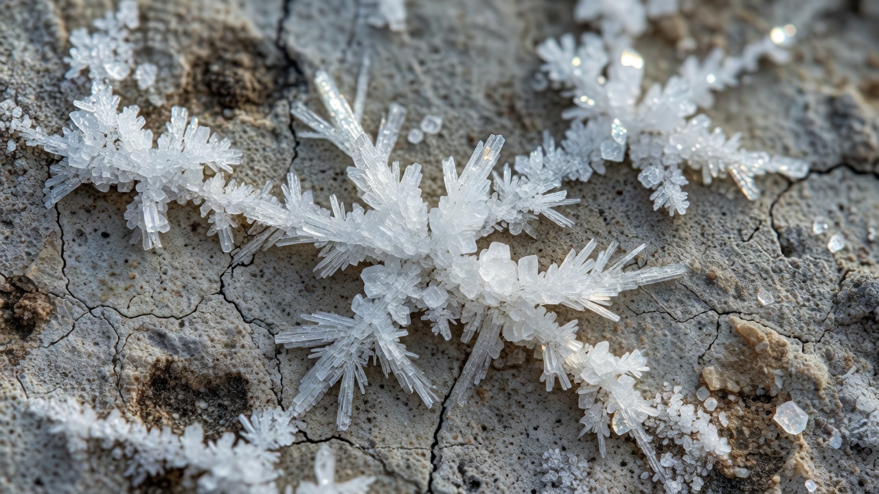 Gros plan de dépôts blancs cristallins d'efflorescence sur une surface de béton gris montrant la formation de cristaux de sel