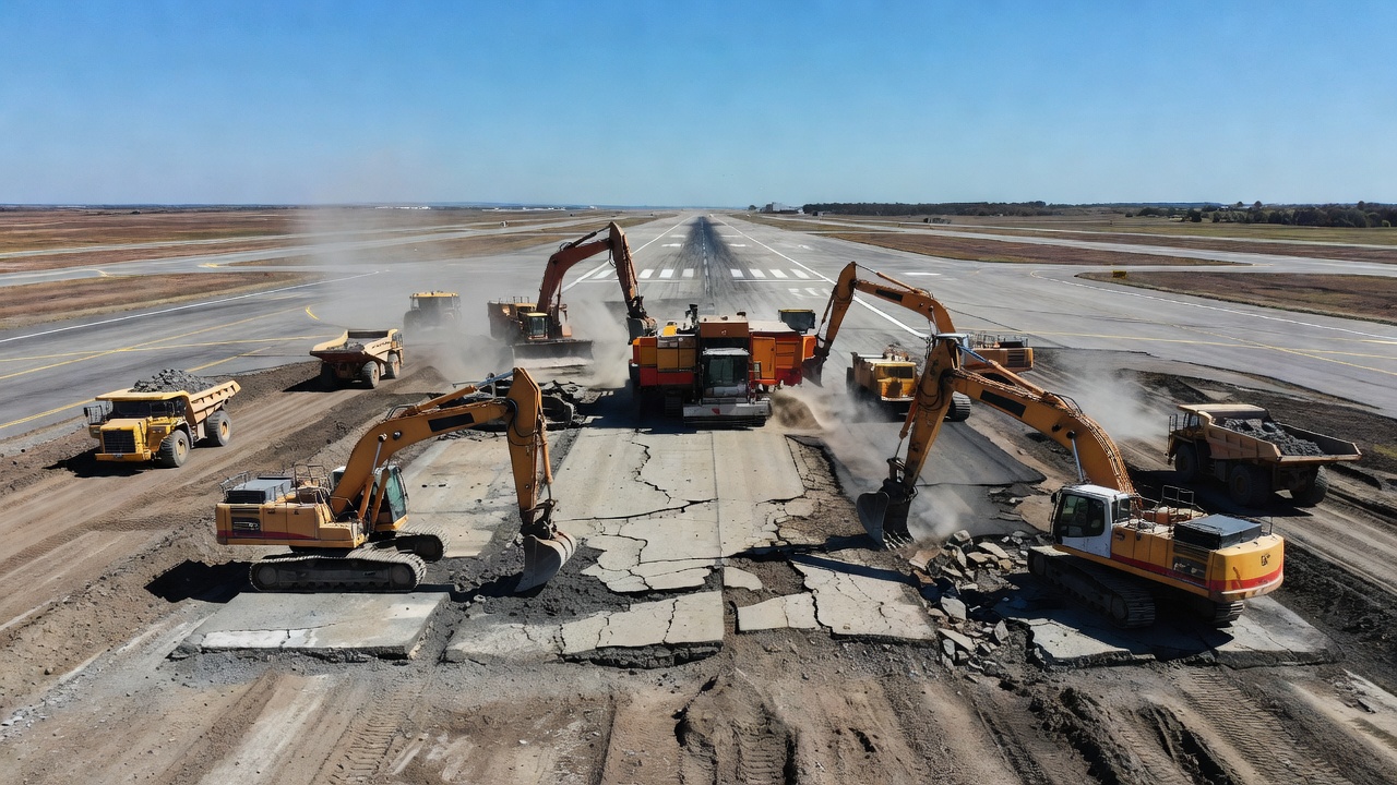 Heavy construction equipment performing full-depth pavement reconstruction on an airport surface