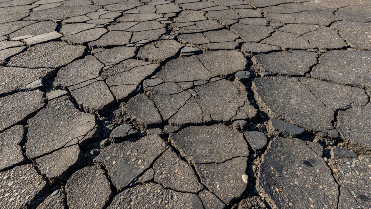 Gros plan d'une chaussée asphaltique montrant un faïençage de fatigue avec différents niveaux de sévérité et des détails de la texture de la surface de la route