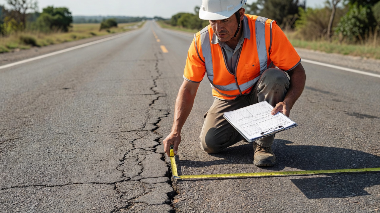 Ingénieur civil réalisant un relevé de l'état d'une chaussée asphaltique, mesurant la largeur d'une fissure avec un ruban à mesurer et utilisant un bloc-notes avec formulaire d'inspection, portant un gilet de sécurité et un casque de chantier