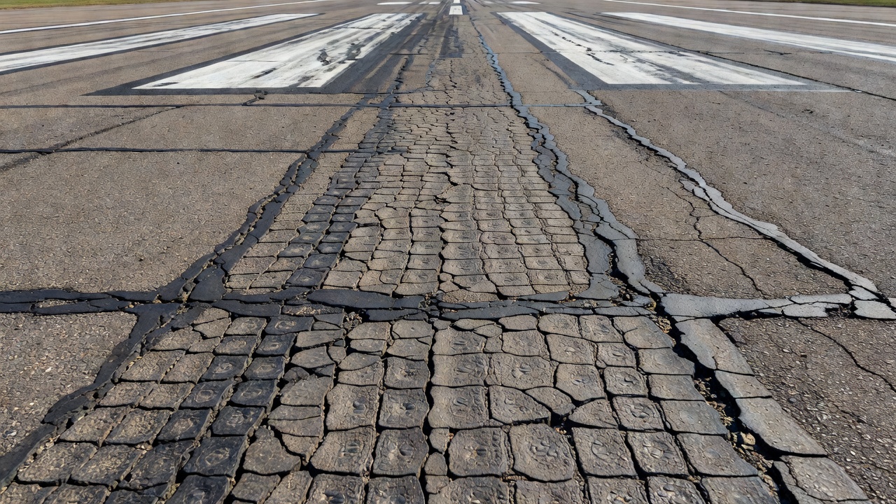 Gros plan d'une chaussée de piste d'aéroport en enrobé gravement fissurée et détériorée montrant de multiples types de dégradations