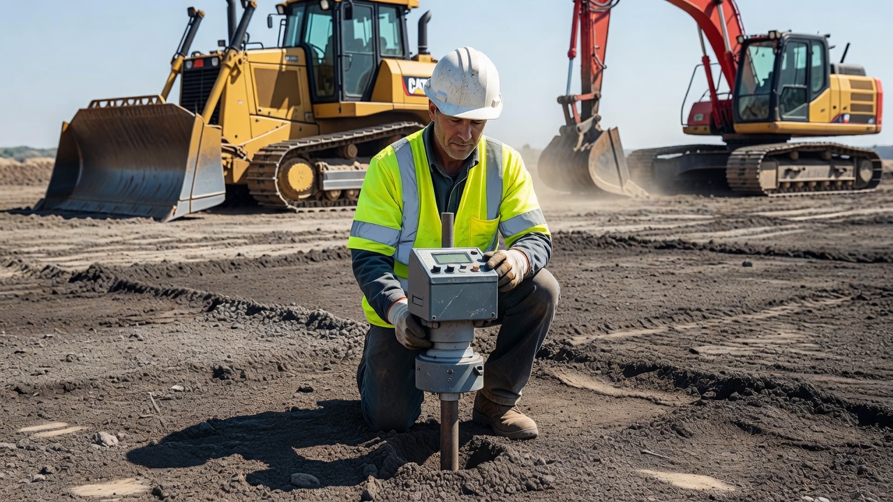 Technicien utilisant une jauge de densité nucléaire sur un sol de plate-forme compacté sur un chantier de construction avec des engins de terrassement lourds en arrière-plan