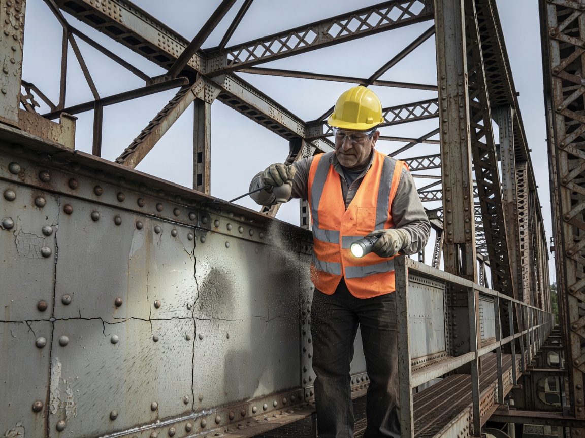 Ingénieur effectuant un contrôle par magnétoscopie sur une structure de pont en treillis en acier avec un applicateur à poire à poudre