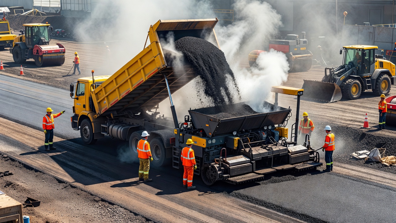 Chantier de construction de revêtement bitumineux avec un camion-benne déchargeant de l'enrobé à chaud dans la trémie du finisseur avec de la vapeur s'élevant du matériau chaud