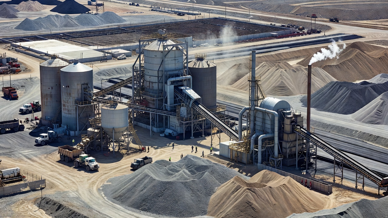 Usine de production d'enrobé bitumineux à chaud avec stock de granulats, dépoussiéreur à manches et silos de stockage